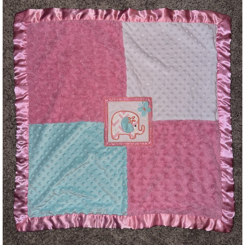 AD Sutton Son Pink Blue White Patchwork Elephant Baby Blanket Satin Minky Dot